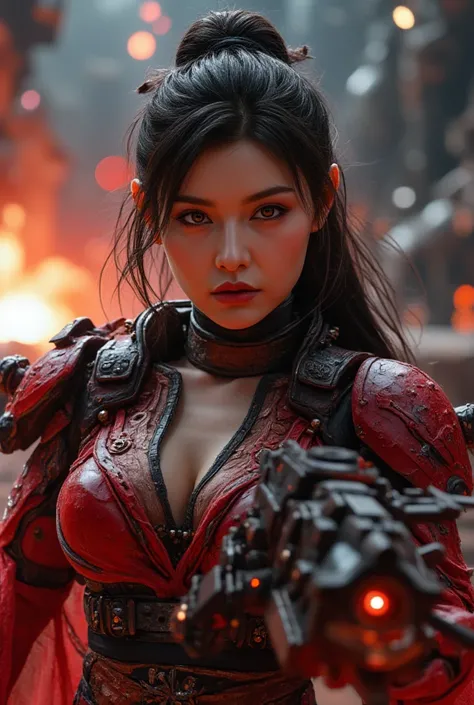 8k, UHD, Realistic, full body, Beautiful, captivating, female space marine from 20 and Back project, facial mixed of Kim Ji-won, highly detailed face, fiery and weary looked yet captivating, deep cleavage, depending the Kuiper Belt from Draconian, heavily ...