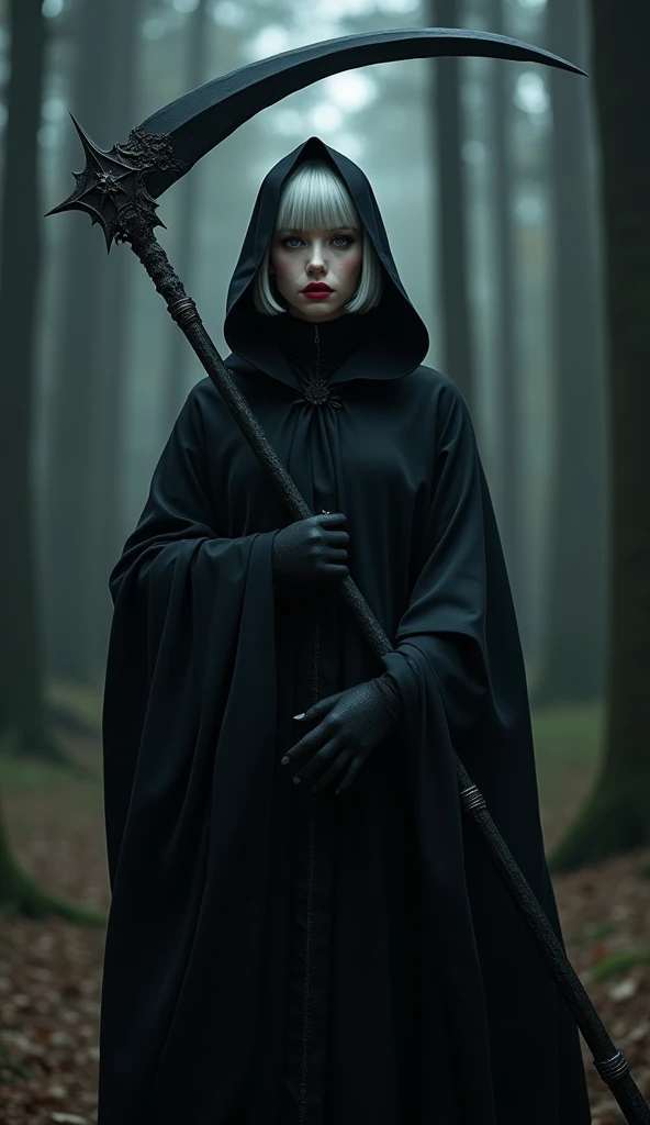 (8k,  photorealistic, Original photo,  best image quality: 1.4),grim Reaper,1 person,( short bob hairstyle on the meeting room floor),( Silver Hair),( clear gray eyes ), long lashes, eyeshadow(red), eyeliner(Black),Cheek(薄く淡いred),( lip gloss(vermilion)),li...