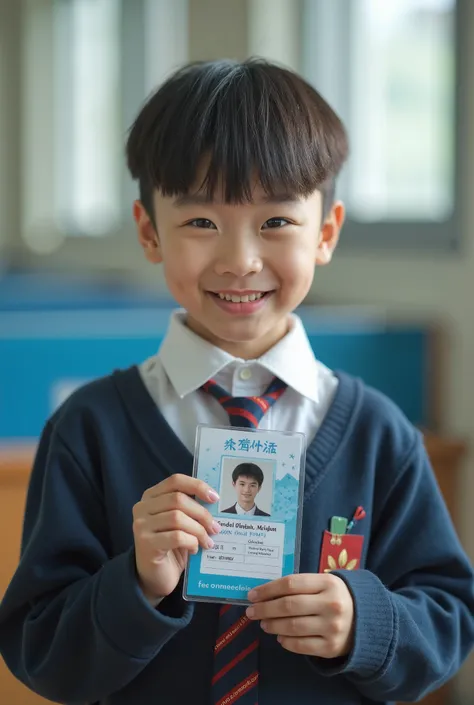 2025, MACAU.  chinese boy, height 170cm tall, has a short flat haircut, thin and slimmed, wears on an alternative school uniforms, Located in the local middle school. In the classroom, he's holding the student ID card with both hands, smiling at the camera...