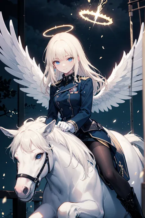   Very detailed ,    masterpiece  ,      are of the highest quality , ,      with a soft smile  , Smile gently,   battlefield ，  Blue Eyes,    long hair , blond,   bangs, Halo， American military uniform、 black pantyhose， black boots 、 White Gloves 、Angel W...