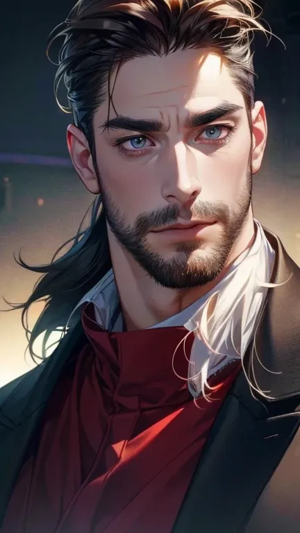 (  best quality,4K,8k,  highres,  masterpiece :1.2),  ultra-detailed  ,(realistic,photorealistic,photo-realistic:1.37),36-year-old man,3 day beard,Beautiful anime,Portraits,strong,Masculine,  with dark hair  ,sharp jaw,   mesmerizing eyes   ,  perfectly co...