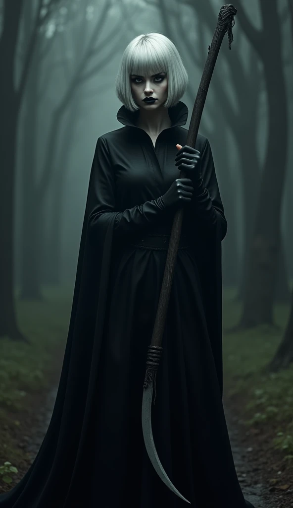 (8k,  photorealistic, Original photo,  best image quality: 1.4),grim Reaper,1 person,( short bob hairstyle on the meeting room floor),( Silver Hair),( clear gray eyes ), long lashes, eyeshadow(Black), eyeliner(Black),Cheek(薄く淡いBlack),( lip gloss(Black)),li...