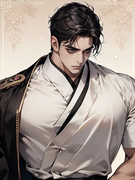  ultra detailed ,Haig Quality,OUTLINE,1masculino,macho maduro, beautiful face,( short black hair ),handsome men,pearl skin , Short sleeve white shirt ,droopy eyes, Japanese high school , dynamic angle , Japanese anime , full body costume, face forward 