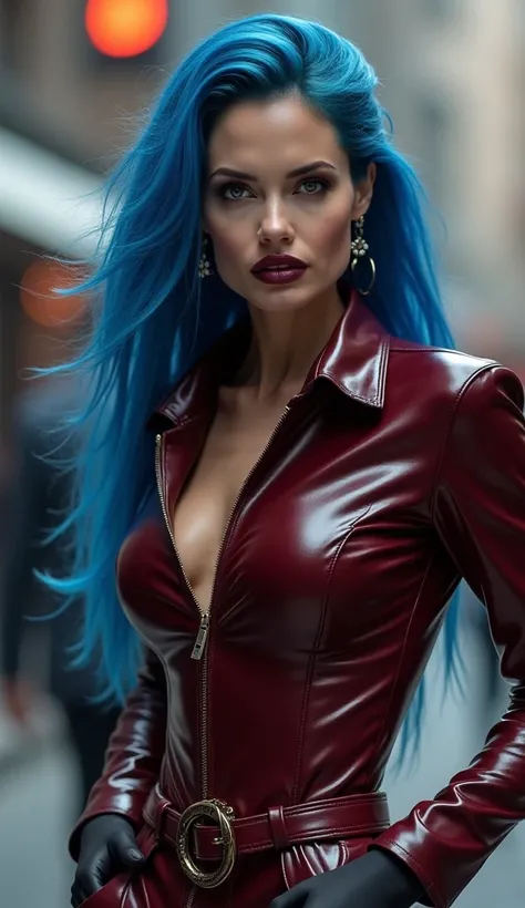 Angelina Jolie avec des cheveux bleu électrique lisses et des lèvres noires, latex, brillant, futuriste business costume smoking, chemise t-shirt latex marron rouge foncé,  col roulé latex brun rouge foncé , t-shirt zippé latex marron rouge foncé, anneaux ...