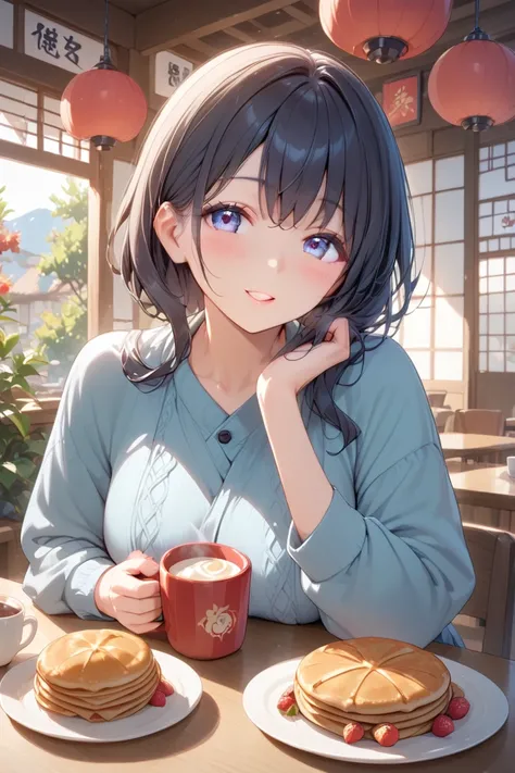 ( high quality )、 pancakes 、winter、 Beautiful Japanese Woman、 Hot Cocoa、Inside the cafe、night、