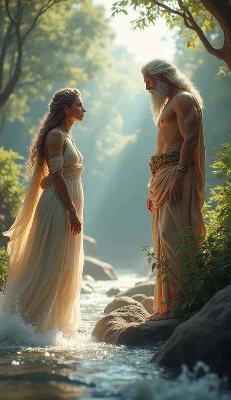 "A majestic 3D mythological artwork depicting the story of King Tyndareus of Sparta, Queen Leda, and Zeus. Leda is portrayed as a beautiful and graceful queen by the river, her expression a mix of awe and intrigue as Zeus, approaches her with divine radian...