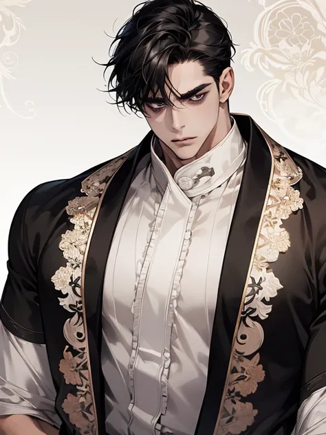  ultra detailed ,Haig Quality,OUTLINE,1masculino,macho maduro, beautiful face,( short black hair ),handsome men,pearl skin , Short sleeve white shirt ,droopy eyes, Japanese high school , dynamic angle , Japanese anime , full body costume, face forward 