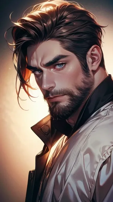 (  best quality,4K,8k,  highres,  masterpiece :1.2),  ultra-detailed  ,(realistic,photorealistic,photo-realistic:1.37),36-year-old man,3 day beard,Beautiful anime,Portraits,strong,Masculine,  with dark hair  ,sharp jaw,   mesmerizing eyes   ,  perfectly co...