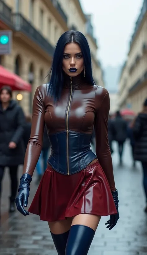 ANGELINA JOLIE, latex, brilliant, futuristic, chemise t-shirt latex marron rouge foncé,   dark navy blue mouth lips  , t-shirt zippé latex marron rouge foncé, anneaux métaliques coup, corset,   dark navy blue mouth lips  {x}  burgundy red latex a-line skir...