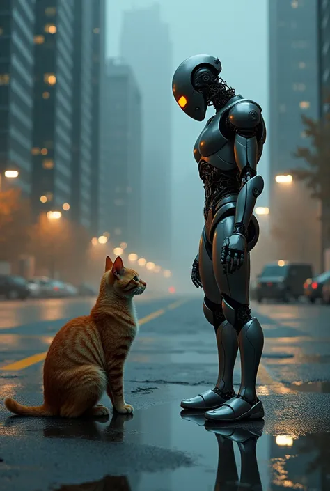 cat and a robot facing each other in a parking lot