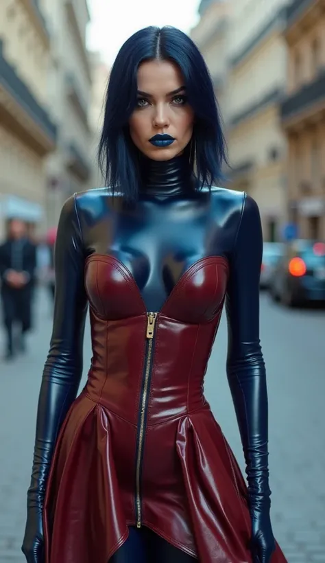 ANGELINA JOLIE, latex, brilliant, futuristic, chemise t-shirt latex marron rouge foncé,   dark navy blue mouth lips  , t-shirt zippé latex marron rouge foncé, anneaux métaliques coup, corset,   dark navy blue mouth lips  {x}  burgundy red latex a-line skir...