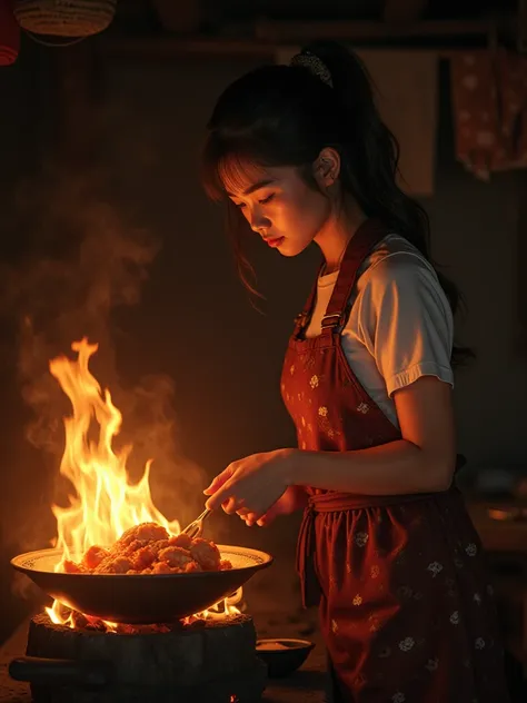 Beautiful girl is in front of the furnace fire and again cooking chicken, realistic and real photo in the area of Indonesia