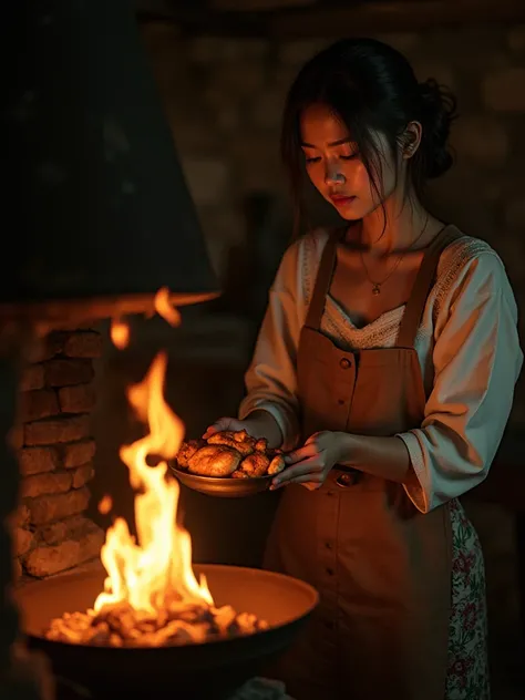 Beautiful girl is in front of the furnace fire and again cooking chicken, realistic and real photo in the area of Indonesia