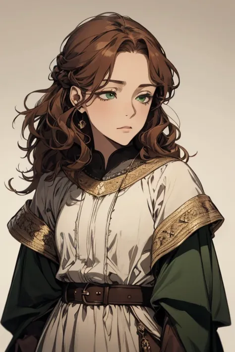 ( excellent quality), ( High resolution little bear), (absurd play), ((adult woman)),  BROWN HAIR,  disheveled hair ,  long curly hair, ((attendant)), character looking at the camera,  detailed face, ((medieval)), ((bang)), (((simple clothes))), (portrait)...