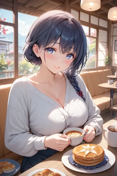 ( high quality )、 pancakes 、winter、night、 Beautiful Japanese Woman、 Hot Cocoa、Inside the cafe、