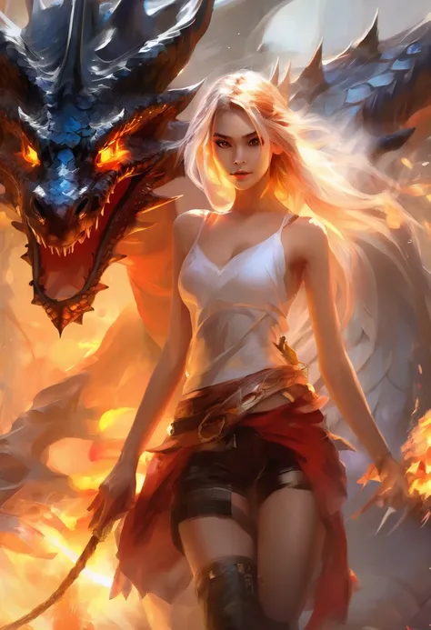 willem Haenraets style fantasy concept artdynamic action fire sexy girl and dragon anime poster best realistic 16 k