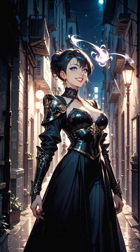  A girl wearing dark 、complex、 A girl in black knight armor in strict style， with mysterious eyes 、 A magical breath and a black elegant appearance ， Ultra HD， Stunning sinister smile ， in an alley in the dark night ，Extremely mysterious ， Dark magic 。