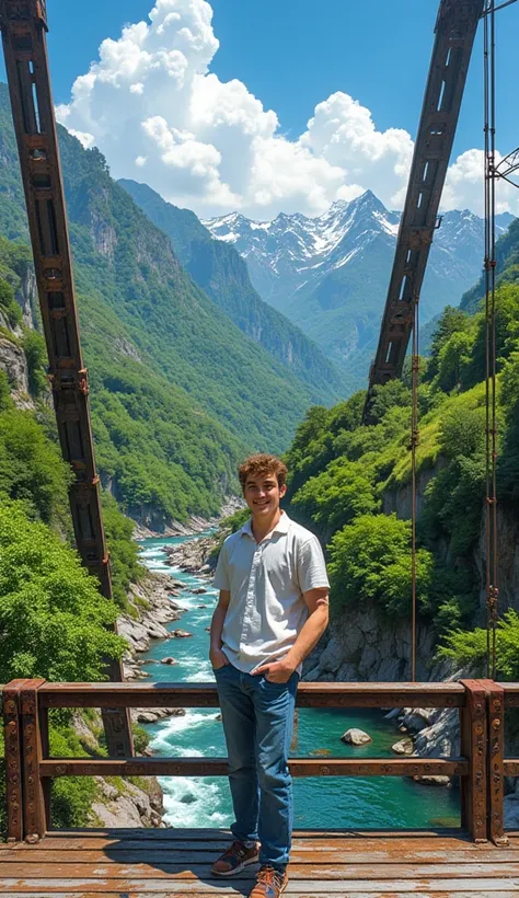 A young man standing casually on a bridge with a scenic view of a lush green valley and clear blue skies in the background. The bridge features metallic beams with rivets, adding an industrial aesthetic to the natural setting. Below, a pristine river flows...