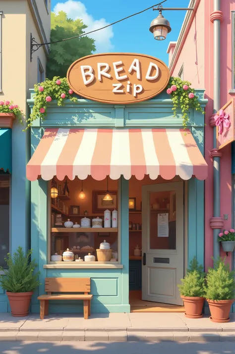 Lovely cake shop with pink and pastel colors, Please write “bread zip” on the signboard