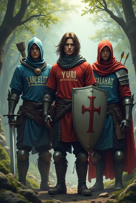  Three knights ,  each has the following names written on their t-shirt :

 LANCELOT, YURI, GALAHAT 


Could be a computer game environment in the background; For example,  is a fantastic forest , Space,  dungeon or any in-game world .  Characters' poses c...