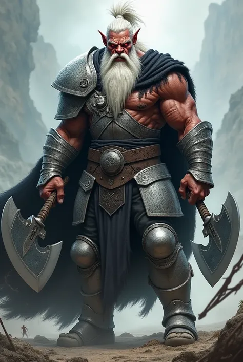 orc warrior,  in silver armor , with two axes ,  one in each hand , fire red eyes , with a long white beard and ponytail . black cape.  And a scout elf in the background pointing with his bow.