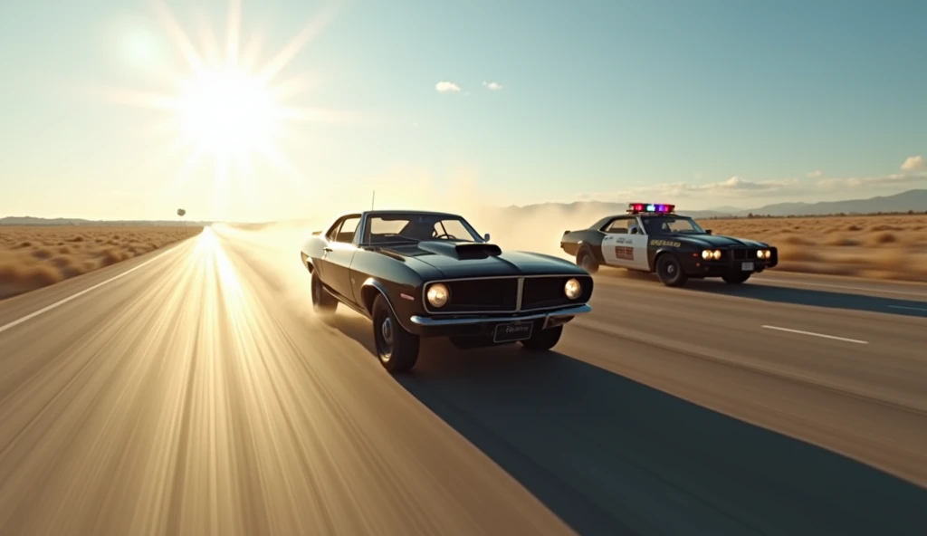 Create a dramatic, high-speed police chase during the daytime. A fleeing car is in the foreground, aggressively speeding away with visible motion blur to convey its velocity. Behind it, a police car with flashing lights is in pursuit, maintaining a close d...