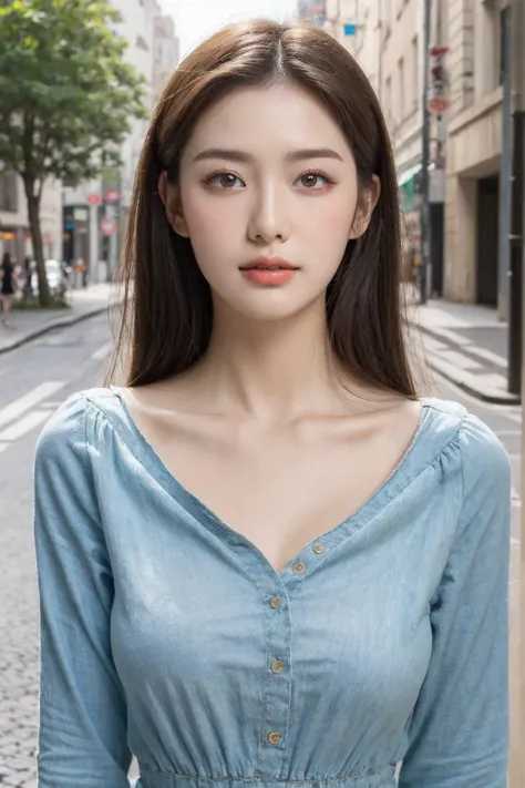 (( best quality， masterpiece:1.3))， 1girl ，18 years old，Asian， quiet street scene， Textured Skin， high detail，High quality clothing material ，(realism: 1.6)，( background blur:1.3)，Colourful dresses，超 high detail的衣服，Beautiful breasts，Slim waist，Long Legs， t...