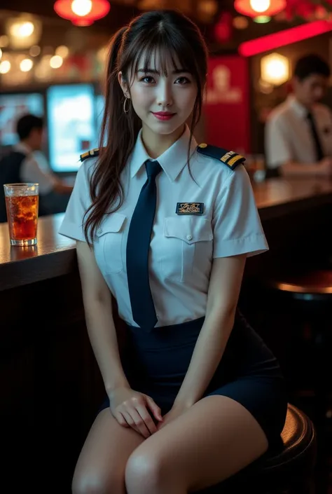 Sexy beautiful Japanese woman, a self defense officer uniform, wearing a white short-sleeved shirts, navy blue tie, navy blue pencil skirt, Black patent high heels, beautiful hip-line, Beautiful thighs, A woman is sitting in Bar Stool, woman holding glass ...