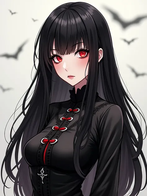 Draw in anime drawing. 
40-45 year old woman with long and thick black hair ,  with red eyes. Dressed in gothic style. Vampire woman
In full-length anime drawing .  Add something to show you are very mature 