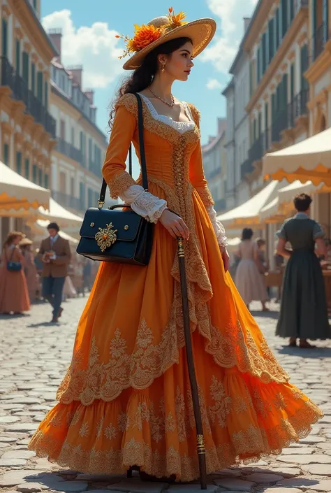 Prompt

woman vibrant rococo-dress silk, gold trim lace. hat. carries black satchel bag decorative gold emblem. stands on cobblestone path mid-18th-century European city classical architecture tents. sky light blue white clouds. hyperrealistic style detail...