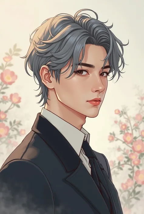  Korean illustration style, Soft and delicate lines ,  soft coloring ,  young man,  dark face, Handsome,  gray hair and dark eyes, Hair that slightly covers the forehead, 