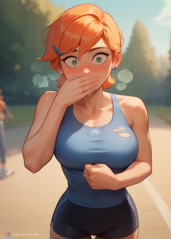 Score_9,Score_8_,Score_7_, gwendolyn_Tennyson,1 girl, outside,depth of field, surprised, blushing, beautiful, large thighsbig breasts, torn clothes, hand covering mouth, exercising, out of breath, sweaty,  blue tanktop 