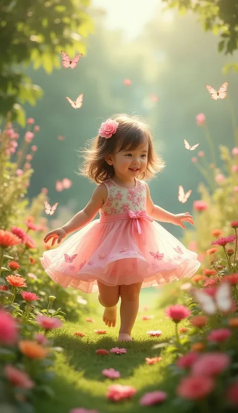 A baby in a pink and white flowered dress, twirling in a garden full of butterflies.