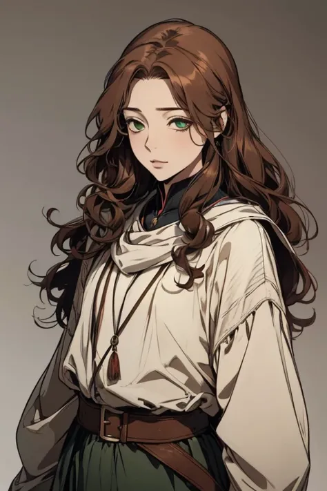 ( excellent quality), ( High resolution little bear), (absurd play), ((adult woman)),  BROWN HAIR,  disheveled hair ,  long curly hair, ((attendant)), character looking at the camera,  detailed face, ((medieval)), ((bang)), (((simple clothes))), (portrait)...