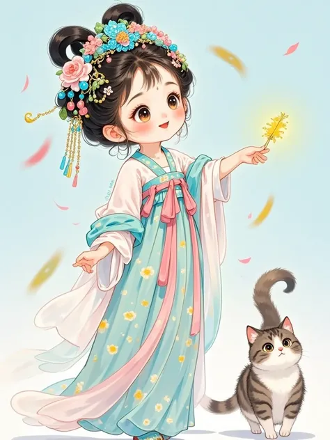  Beautiful and cute ， Chinese style ，Light blue background     ，Happy mood   ，  white dress ，Get Fireflies