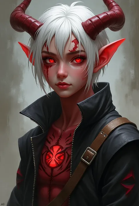 Young male Tiefling , has a broken horn white hair and red eyes , She has a burn on her face from her left eye to her cheek.His skin is red .  He has a kind and carefree look but that hides a lot of suffering