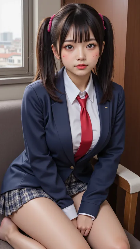 nsfw、
 photorealistic、
 detailed in trends  、
 realistic skin texture  、 mole、Freckles、

whole body、

 beautiful girl 、
 She's a Japanese girl 、
She has black hair 、
 She has twin tails with bangs 、
She is a junior high school student 、
She is fat、
 She's ...