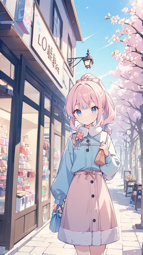 winter、Clear skies、street tree、flower、 sign、 shopping、Fashionable clothing store、 1 girl in the best,  Lantern、blue eyes,、 ponytail、 anime style、 Dutch angle, ribbon,  accessories, pastel style 