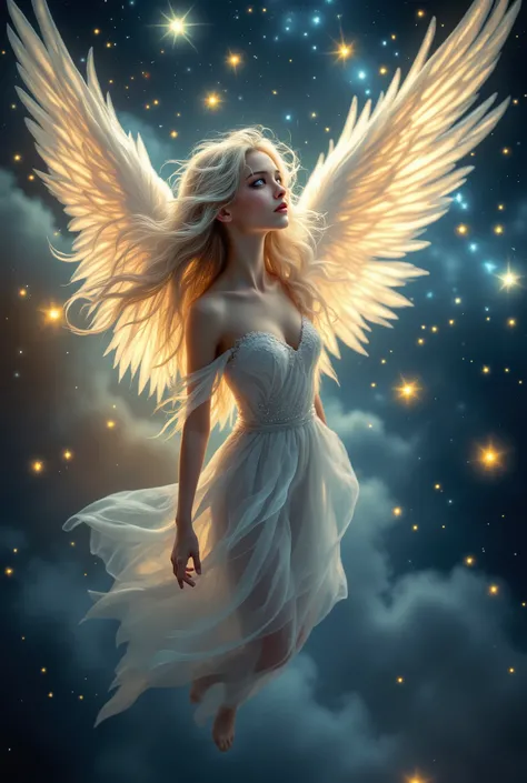 Beautiful lights sparkle in the night light , gentle and beautiful colors luscious , wonderful angel girl descends from heaven very beautifully and a warm light comes from her, beautiful snow-white wings , very beautiful lush hair , Lots of Details ,...