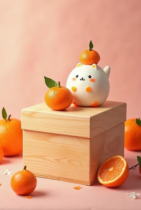  Pink living cells of the  、  tangerines on top of the wooden box are on top of the wooden box、  pet mascot with  、Mochi Kagami 、