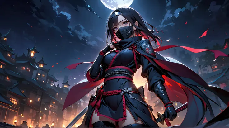 (( best quality)),( super high resolution),( very detailed),(  Detailed Help ),(( best CG )),(masterpiece),High Definition Art,(Fine Fine Art :1.5), ((Female Ninja Standing in the Dark :1.4)),(Sharp Eye:1.3),( Metal Headband :1.3),(mask to cover mouth:1.3)...