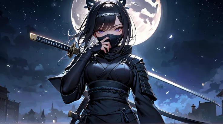 (( best quality)),( super high resolution),( very detailed),(  Detailed Help ),(( best CG )),(masterpiece),High Definition Art,(Fine Fine Art :1.5), ((Female Ninja Standing in the Dark :1.4)),(Sharp Eye:1.3),( Metal Headband :1.3),(mask to cover mouth:1.3)...