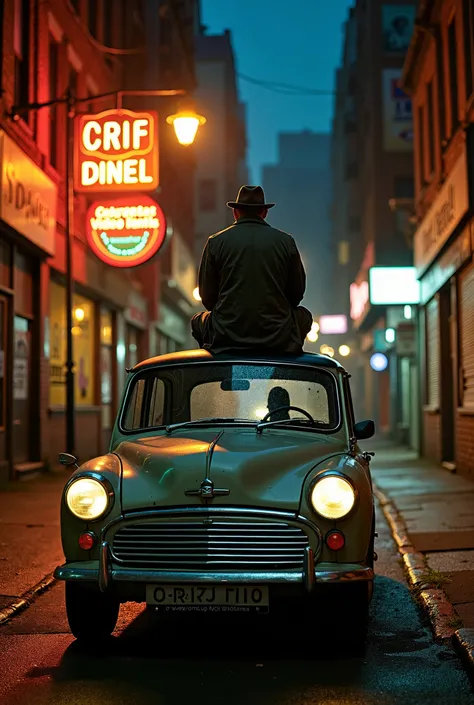 A lone night watchman sits atop a weathered Morris Minor, parked beneath a flickering streetlamp in a gritty urban street of 1989. The glow of neon signs from nearby diners and old video rental stores reflects off the car's worn chrome, while faded billboa...