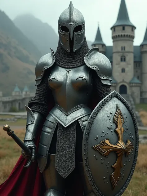 medieval female footman soldier in full iron armor, full iron helm cover her face, armor shaped on her sexy body, holding weapon and shield, castle background, 8k , masterpiece