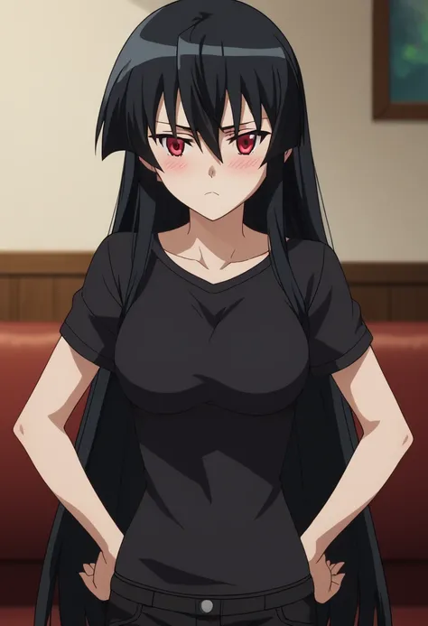 1girl, solo, looking at viewer, cowboy shot, blush,akame, long hair, black hair, red eyes, hair between eyes, looking at viewer, cowboy shot, black shirt, short sleeves, black shorts, light frown, living room, medium breasts, hands on own hips, (jitome:1.3...