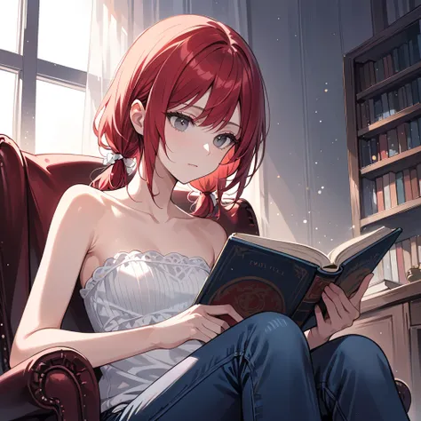 Highest Quality, masterpiece, JK, Expressionless girl, solo, light particles, gray eyes, close up, upper., red hair, low twin tails, swept bangs, stoic, flowers, strapless loose sleeveless top, white knitted top, jeans, black boots, reading book, looking d...