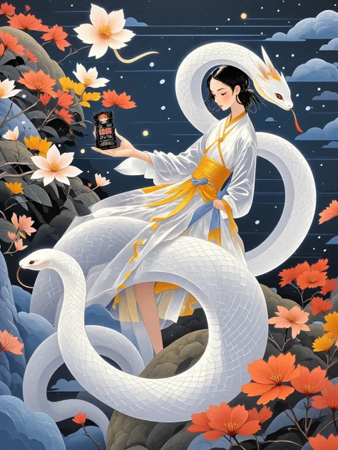  The background presents an abstract life ， to present ， The overall composition cleverly blends abstract ， in a thick paint style 、young、 depicting an elegant ，A white snake ， creates a touch of sweeping ，Transports the viewer into her world，The artist us...