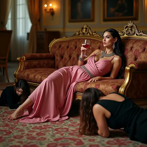 2 women wearing black dresses crawl in palace landscape,  2 women crawling covering her head ,  2 women crawling kissing the floor , 2 women crawling in front of the sofa ,  2 women crawling only caught on camera half a body . On top of the sofa lay a domi...