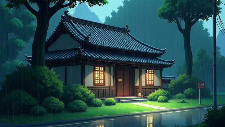 ANIME-STYLE STREET HOUSE WITH FALLING RAIN WITH TREES, LUSH GREEN GRASS BUSHES, TOKYO ANIME SCENES, HIGH DETAILED HOUSE