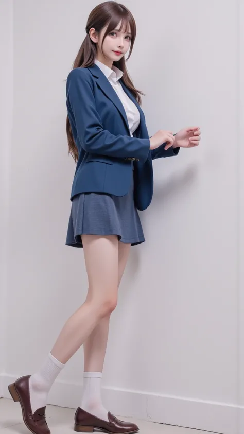 １人の girl 　classroom　 girl (18 years old)　 ponytail hair　 brown hair 　 grey eyes 　Inviting eyes　 ecstatic eyes 　Big Breasts　 highlight breasts　 beautiful white skin　 blazer　 white cutter shirt　 navy blue mini skirt　 white knee socks　 brown loafers